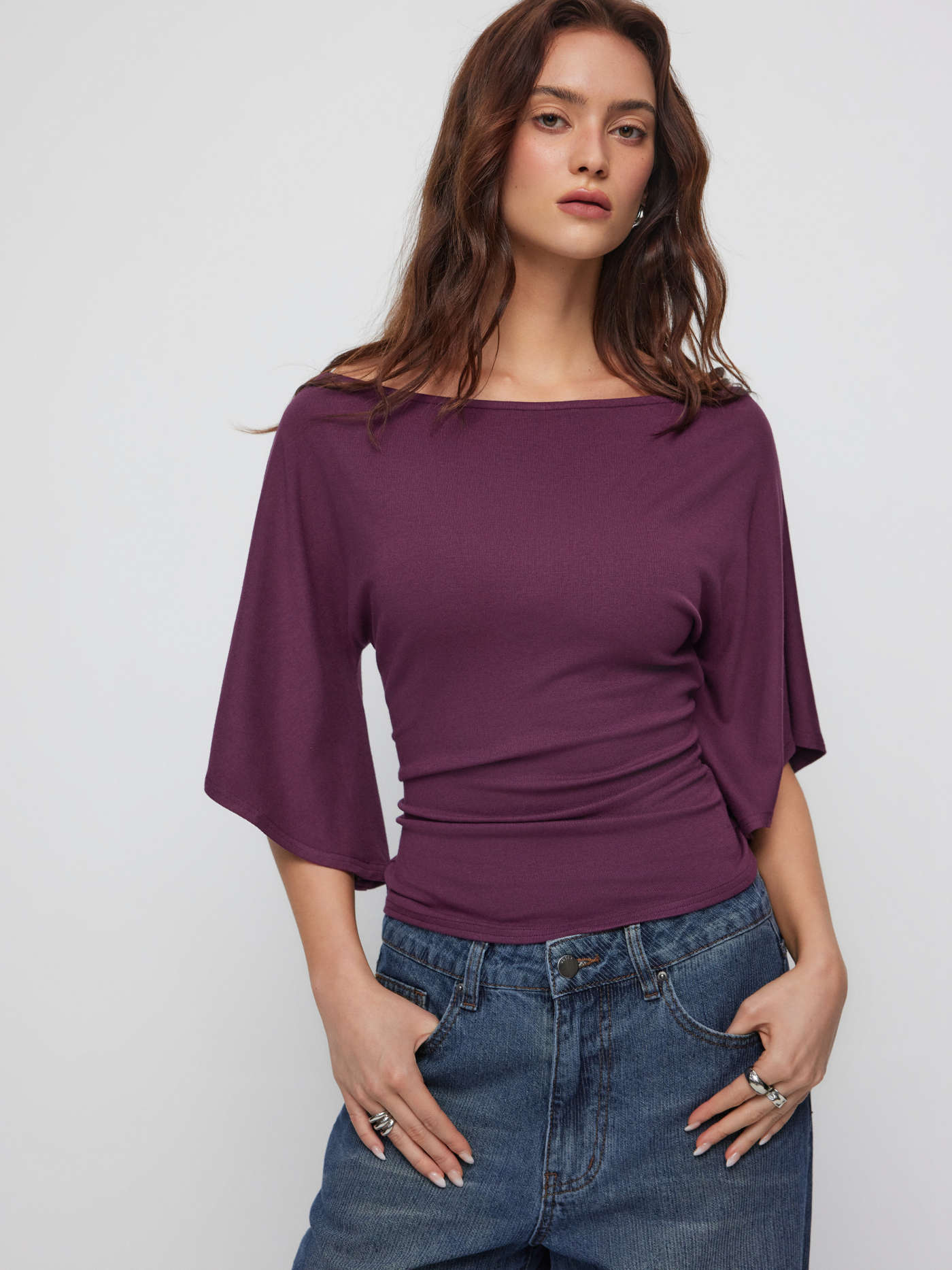 BOAT NECK MID-LENGTH BELL SLEEVE RUCHED TEE