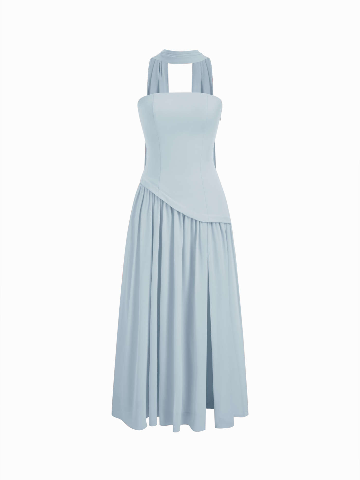 CHIFFON SCULPTURAL HALTER NECKLINE LACE UP MAXI BOBYCON DRESS WITH SCARF