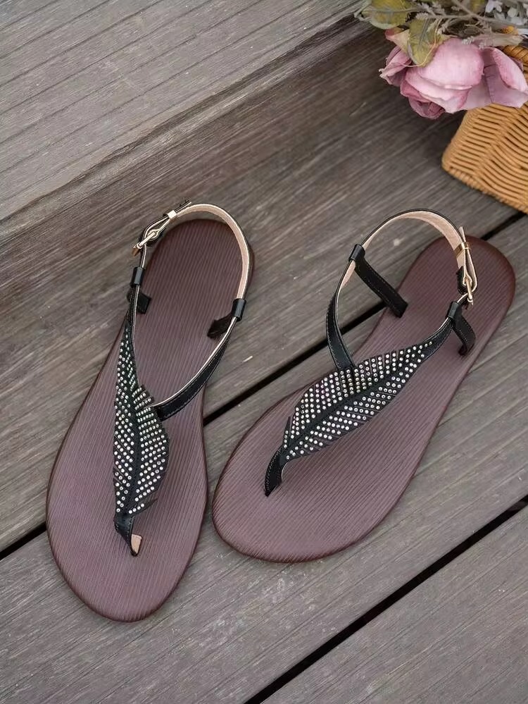 Women's Flat Sandals With Crystal Feather T-Strap