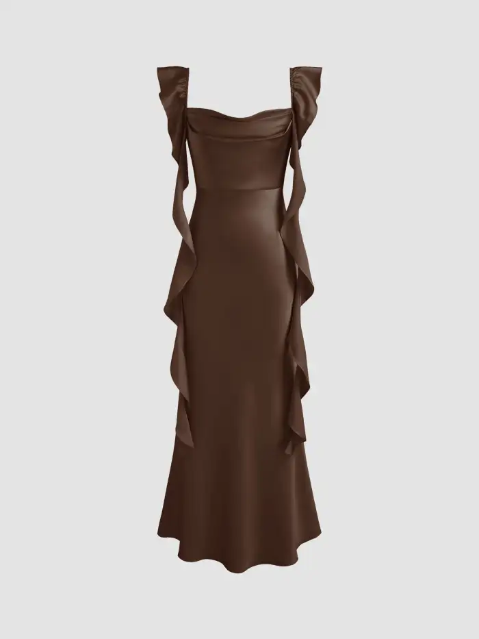 SATIN COWL NECK SOLID RUFFLE HEM MAXI DRESS